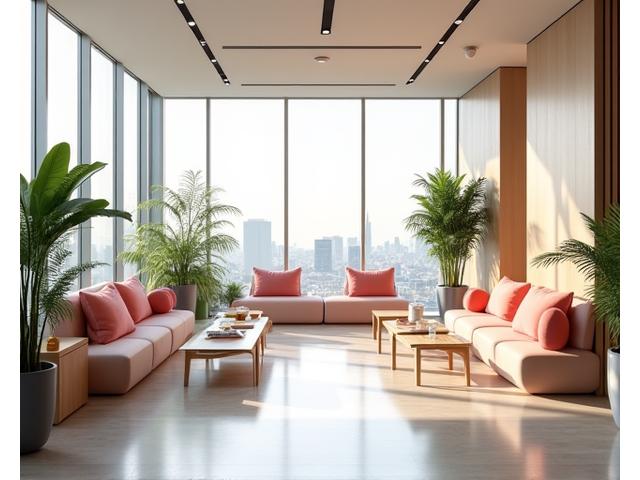 モダンで広々としたサクラエッセンスの社員ラウンジ。明るい自然光が差し込み、快適なソファと観葉植物が配置され、リラックスできる雰囲気。